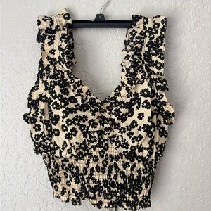 Topshop Black Floral Ruffle Smocked Crop Top on Cream